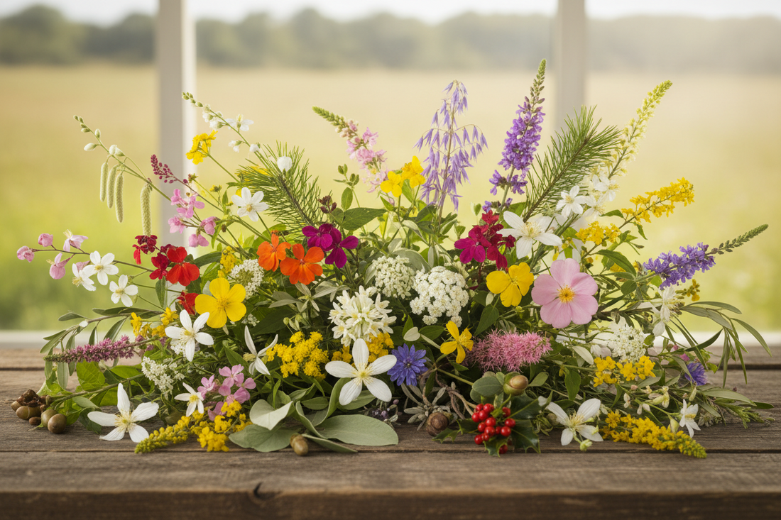 Mazzo di fiori selvatici scelti da Edward Bach poggiati su un tavolo, i 38 rimedi floreali per il benessere emotivo