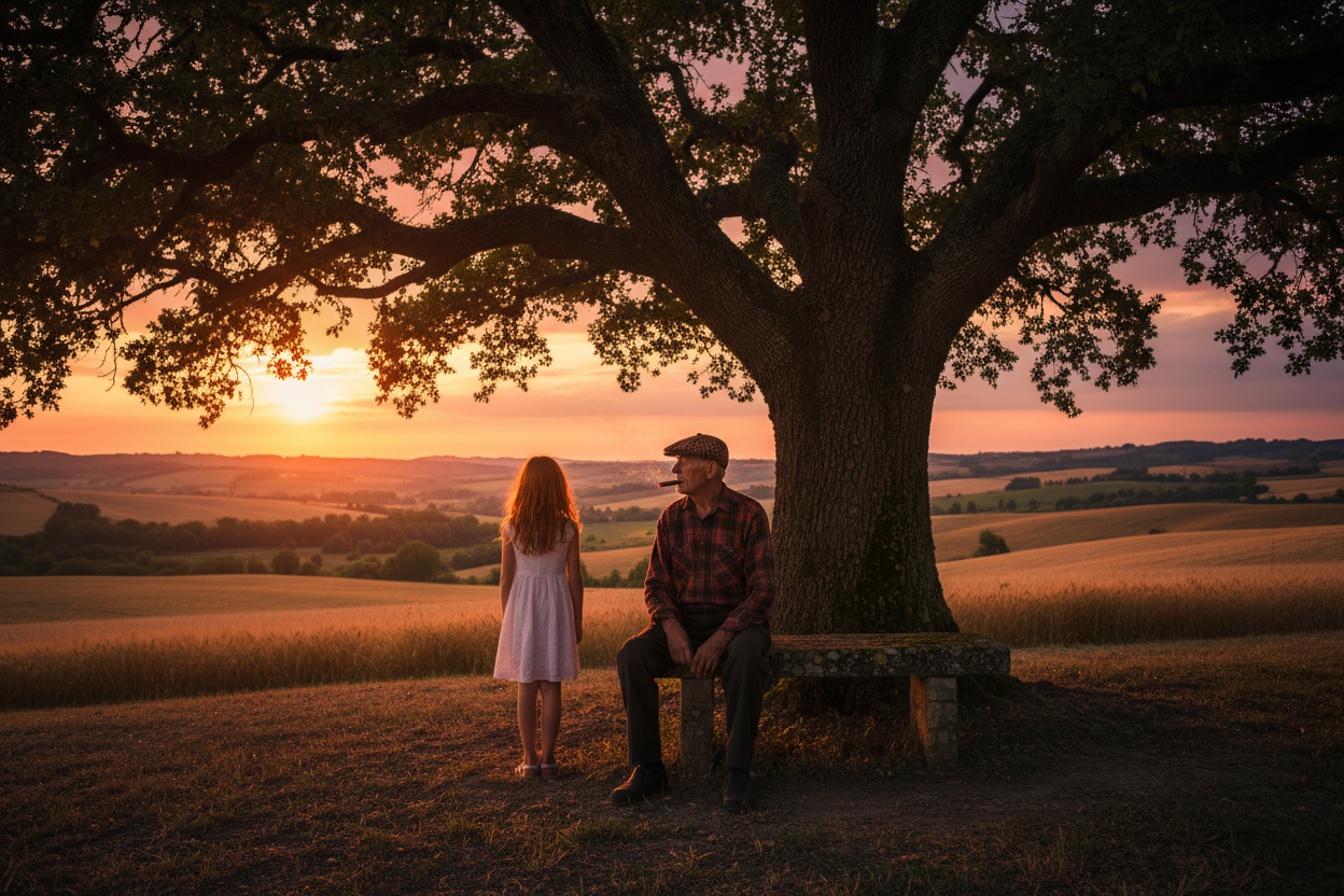Un nonno seduto sul sedile di pietre sotto una grande quercia al tramonto, con una bambina accanto che guarda l'orizzonte tra i campi dorati