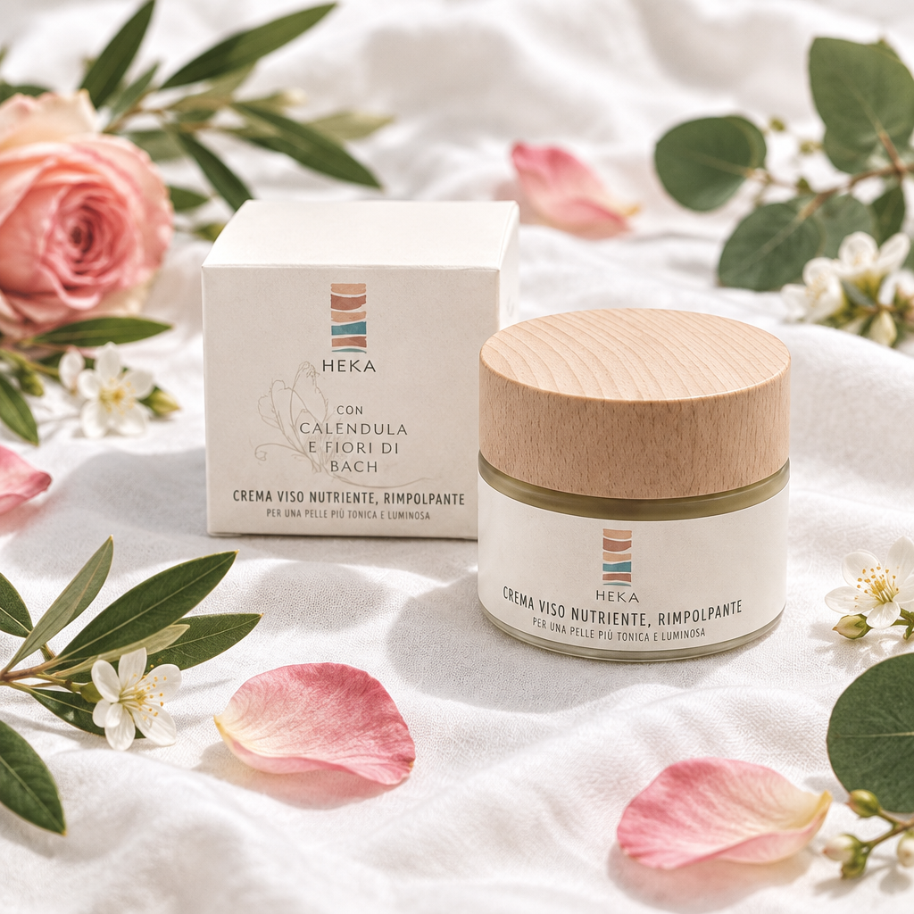 Crema Viso Heka flat lay botanico con fiori e lino